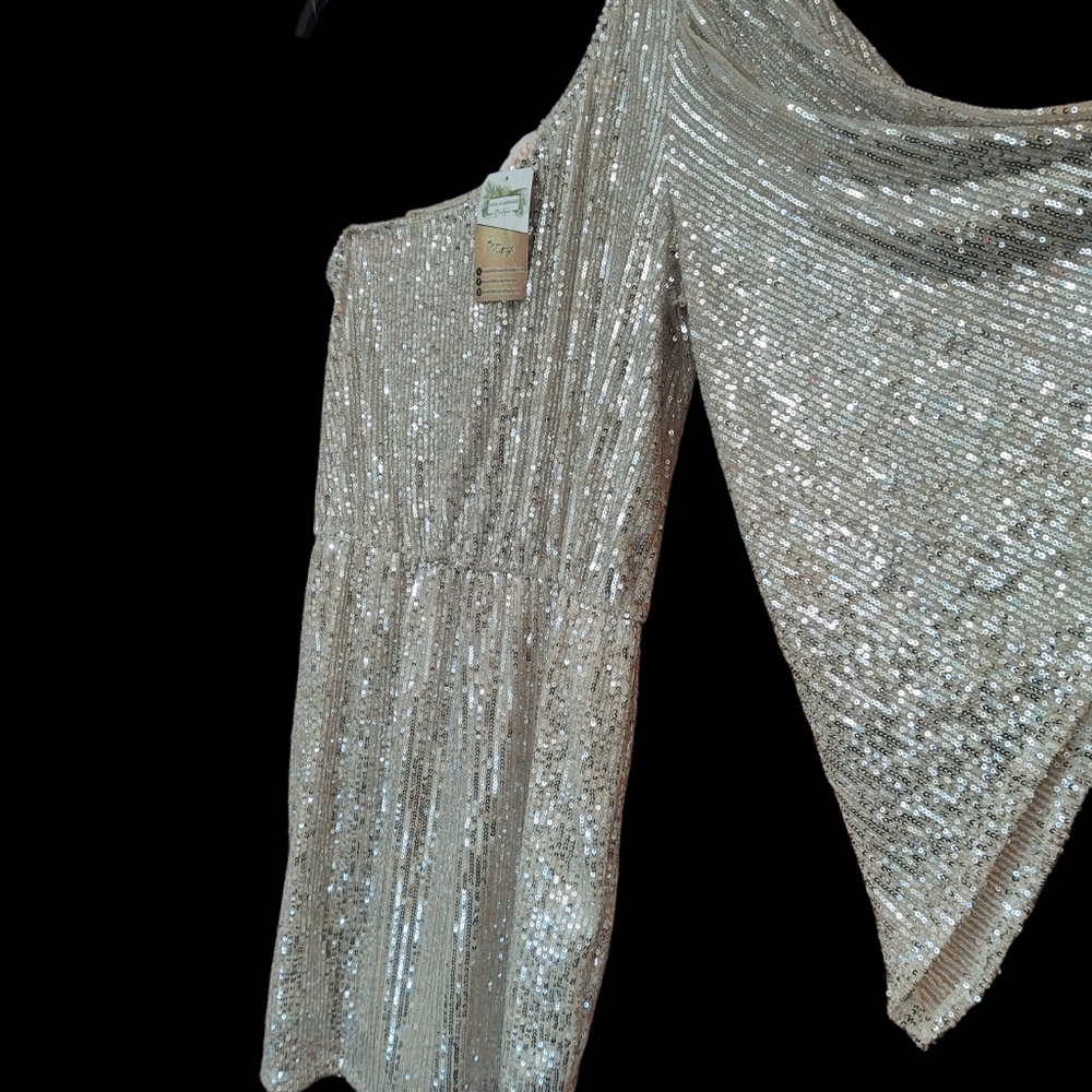 NWT Boutique Ivory/Cream One Shoulder Sequins Dress Size M - Picture 2 of 8